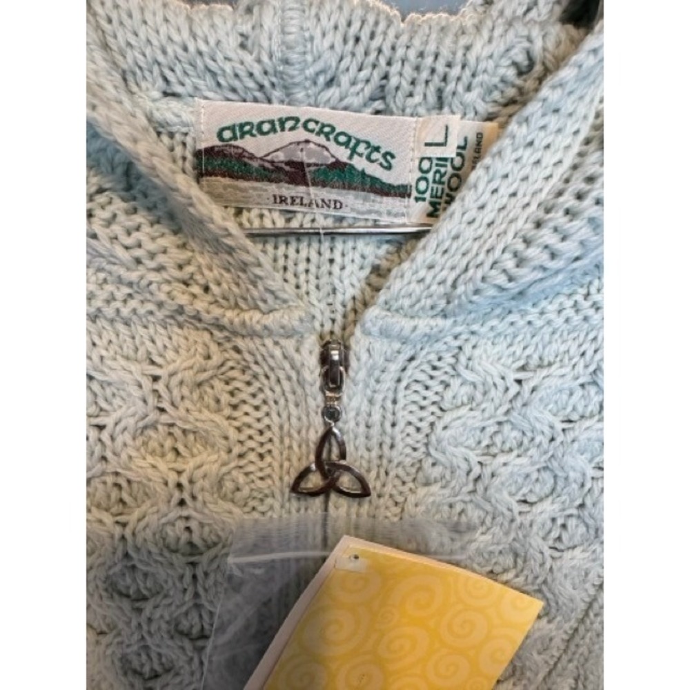 Aran Crafts Ireland Merino Wool Hooded Zip Cardigan Mint Green Sage Large NEW - Picture 4 of 9